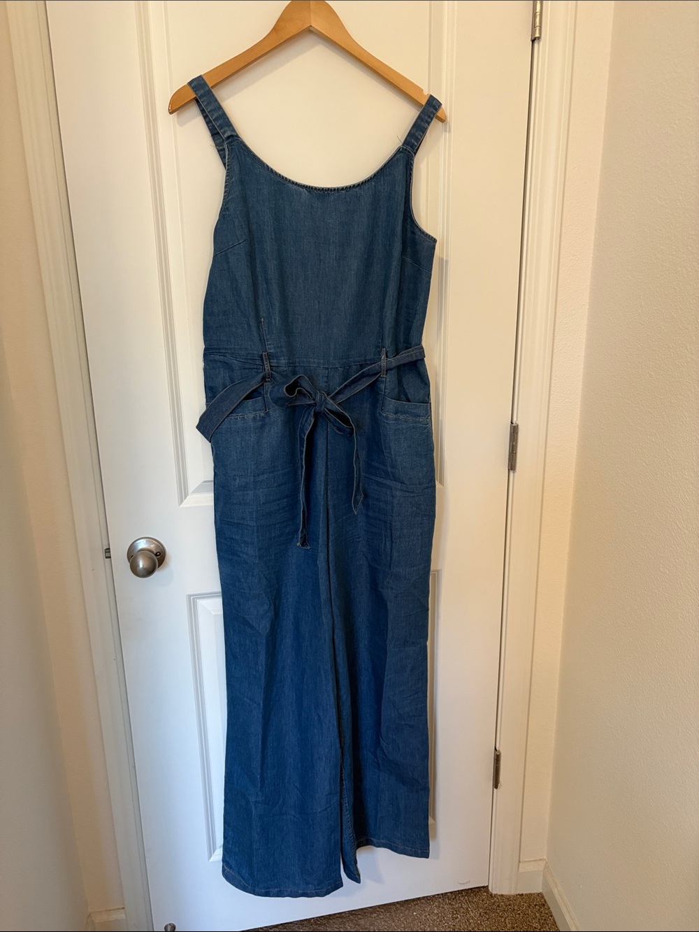 Blush Denim Tie-Waist Wide-Leg Jumpsuit - Blue